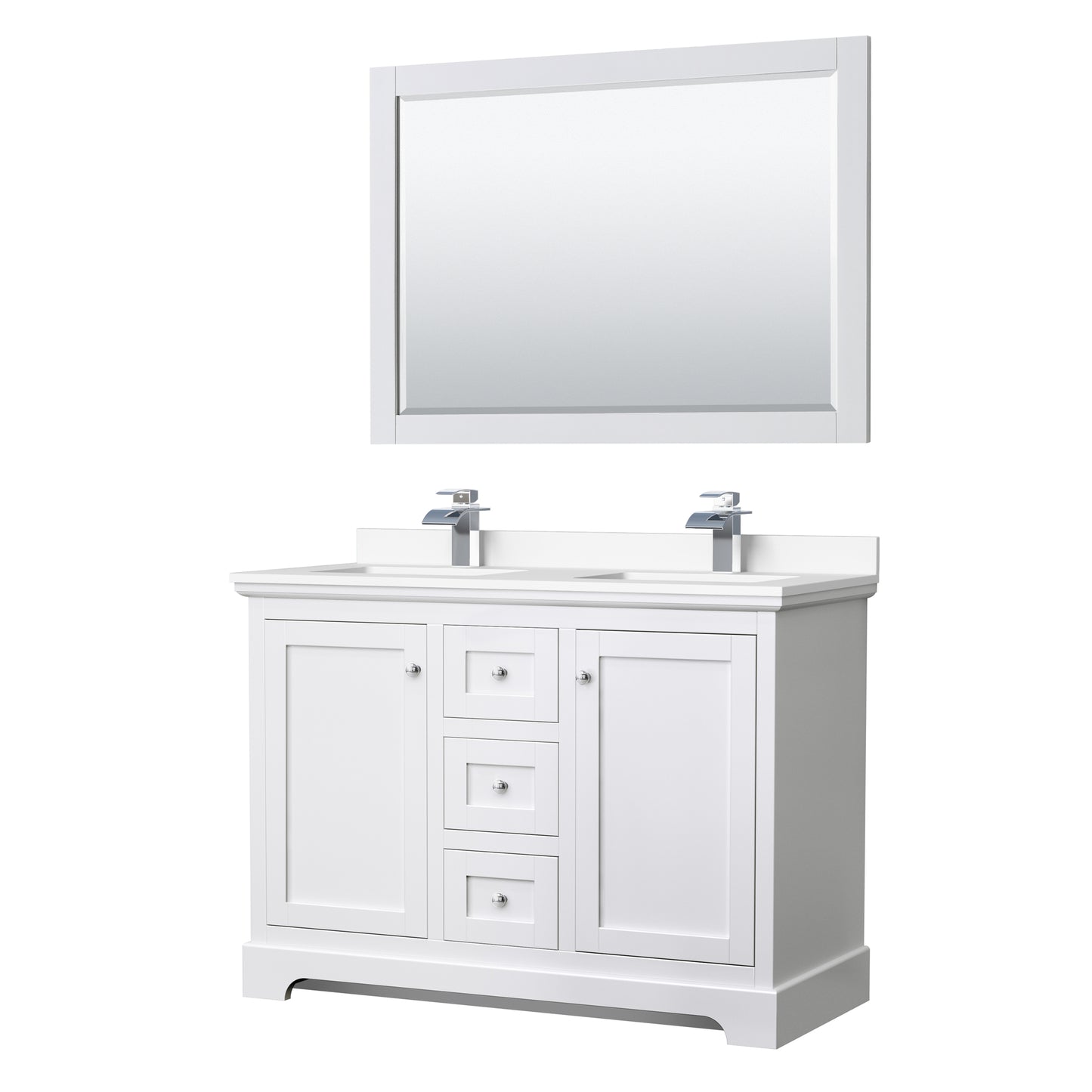 Avery 48 Inch Double Bathroom Vanity in White, White Cultured Marble Countertop, Undermount Square Sinks, 46 Inch Mirror