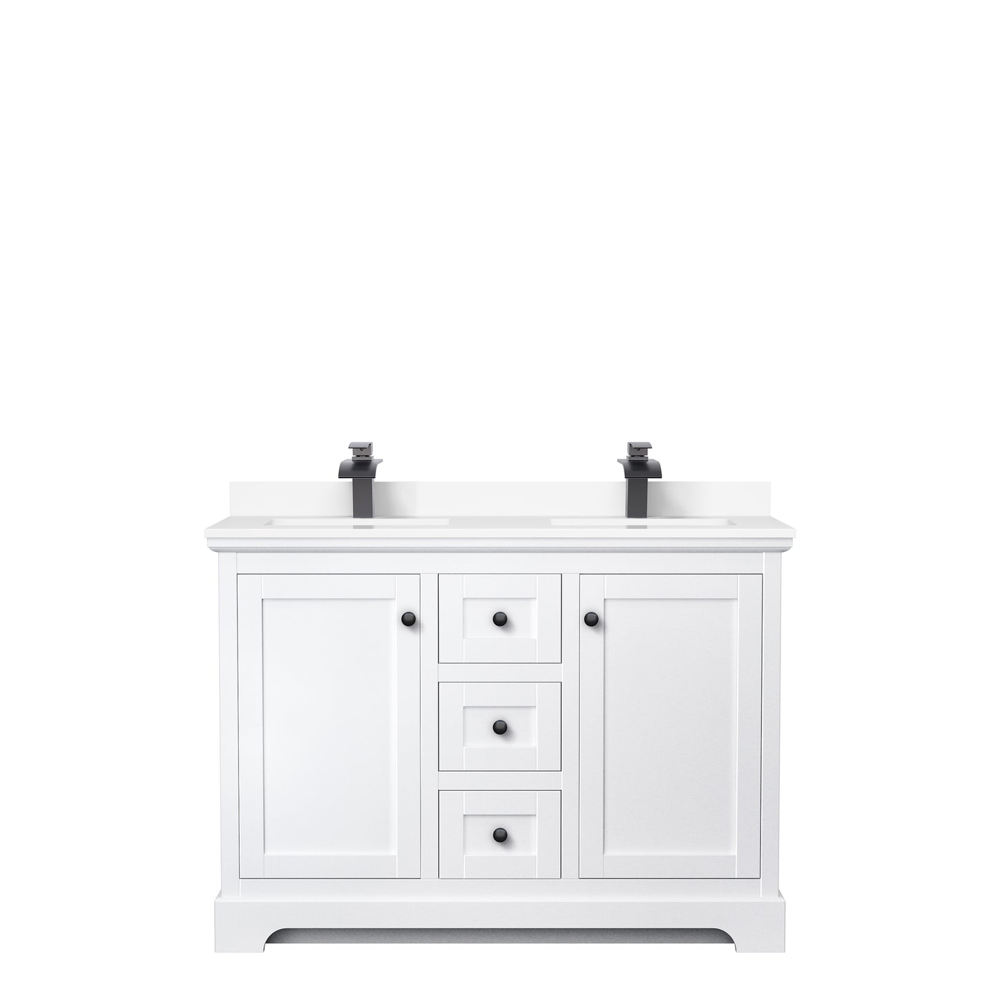 Avery 48 Inch Double Bathroom Vanity in White, White Cultured Marble Countertop, Undermount Square Sinks, Matte Black Trim