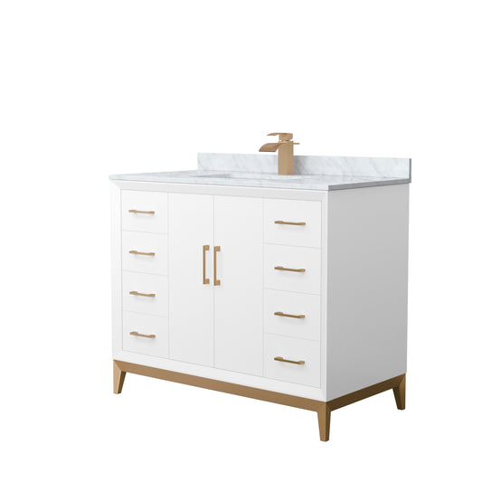 Amici 42 Inch Single Bathroom Vanity in White, White Carrara Marble Countertop, Undermount Square Sink, Satin Bronze Trim