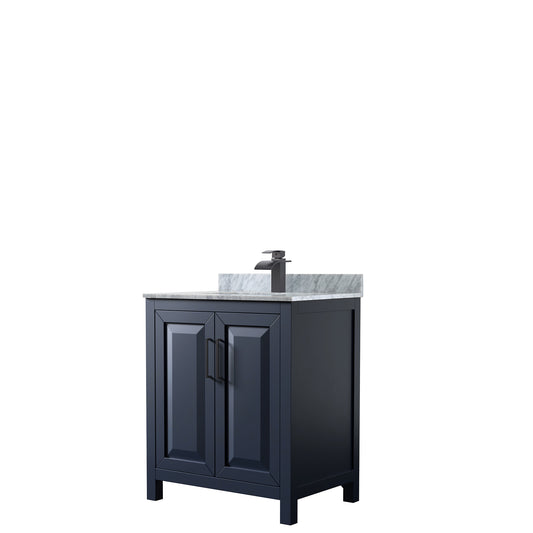 Daria 30 Inch Single Bathroom Vanity in Dark Blue, White Carrara Marble Countertop, Undermount Square Sink, Matte Black Trim