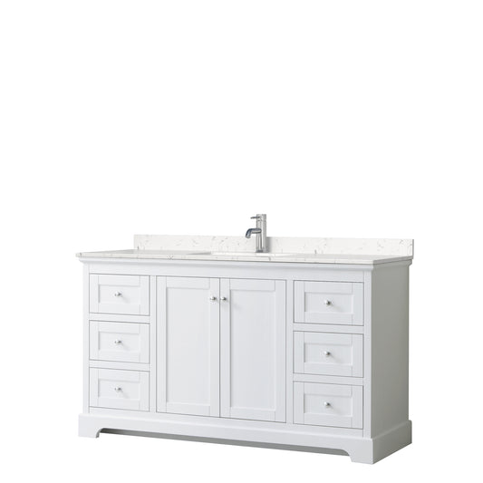 Avery 60 Inch Single Bathroom Vanity in White, Carrara Cultured Marble Countertop, Undermount Square Sink, No Mirror