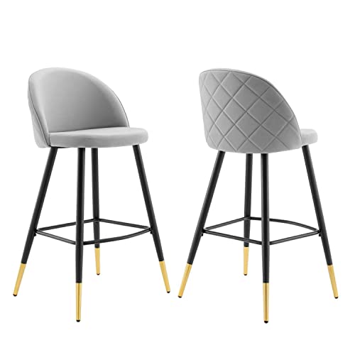 Modway Cordial Performance Velvet Dining Bar Stools in Light Gray - Set of 2