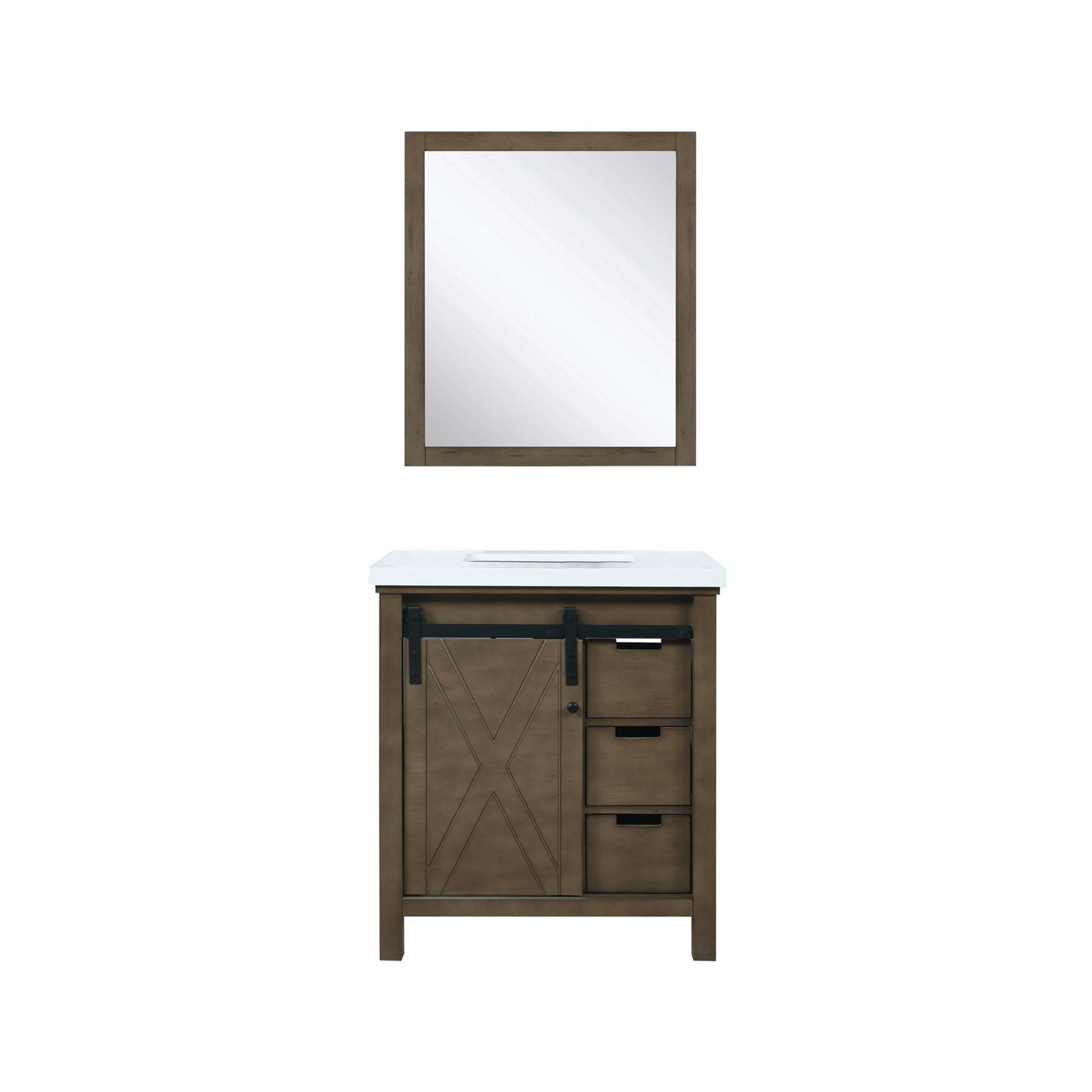 Marsyas 30" Rustic Brown Single Vanity, White Quartz Top, White Square Sink and 28" Mirror