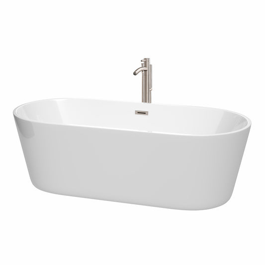 Carissa 71 Inch Freestanding Bathtub in White with Floor Mounted Faucet, Drain and Overflow Trim in Brushed Nickel