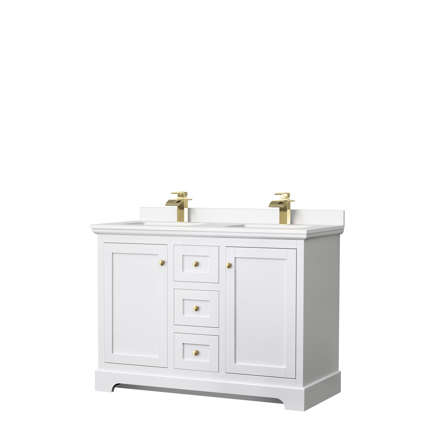Avery 48 Inch Double Bathroom Vanity in White, White Cultured Marble Countertop, Undermount Square Sinks, Brushed Gold Trim