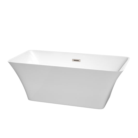 Tiffany 59 Inch Freestanding Bathtub in White with Brushed Nickel Drain and Overflow Trim