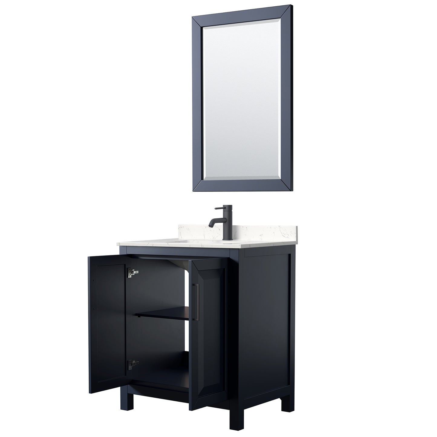 Daria 30 Inch Single Bathroom Vanity in Dark Blue, Carrara Cultured Marble Countertop, Undermount Square Sink, Matte Black Trim, 24 Inch Mirror