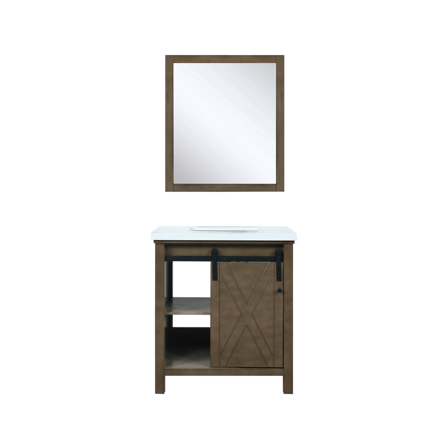 Marsyas 30" Rustic Brown Single Vanity, White Quartz Top, White Square Sink and 28" Mirror