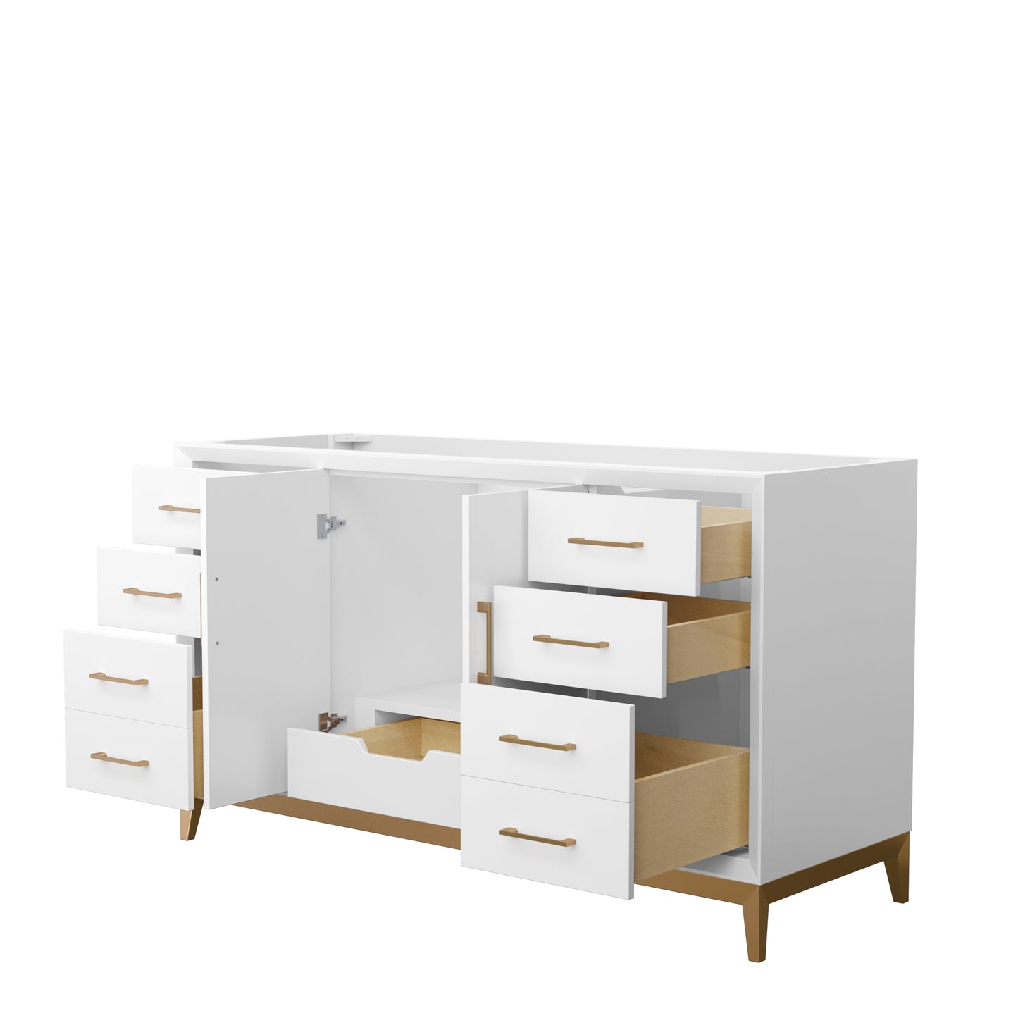 Amici 60 Inch Single Bathroom Vanity in White, No Countertop, No Sink, Satin Bronze Trim