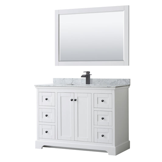 Avery 48 Inch Single Bathroom Vanity in White, White Carrara Marble Countertop, Undermount Square Sink, Matte Black Trim, 46 Inch Mirror