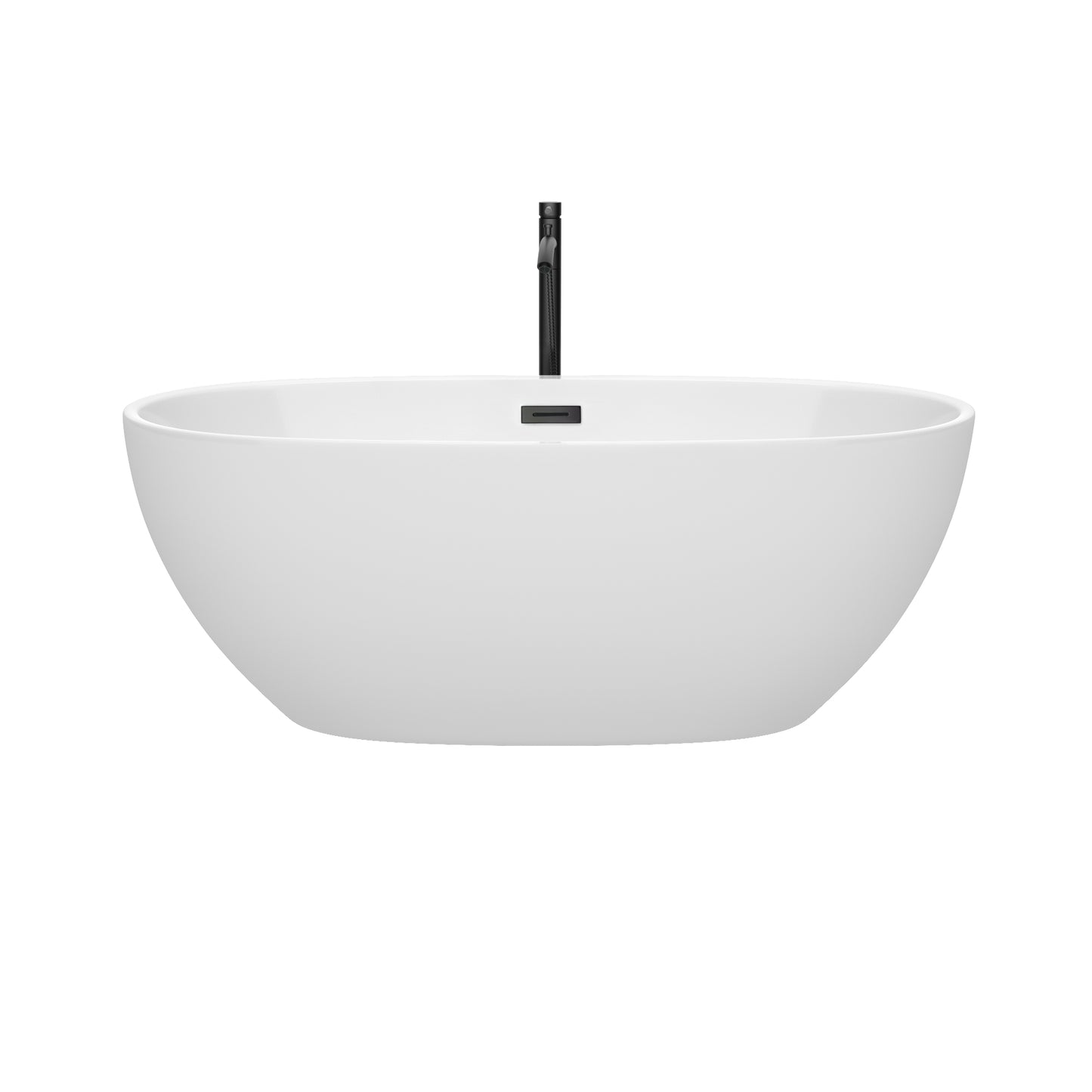 Juno 63 Inch Freestanding Bathtub in White with Floor Mounted Faucet, Drain and Overflow Trim in Matte Black