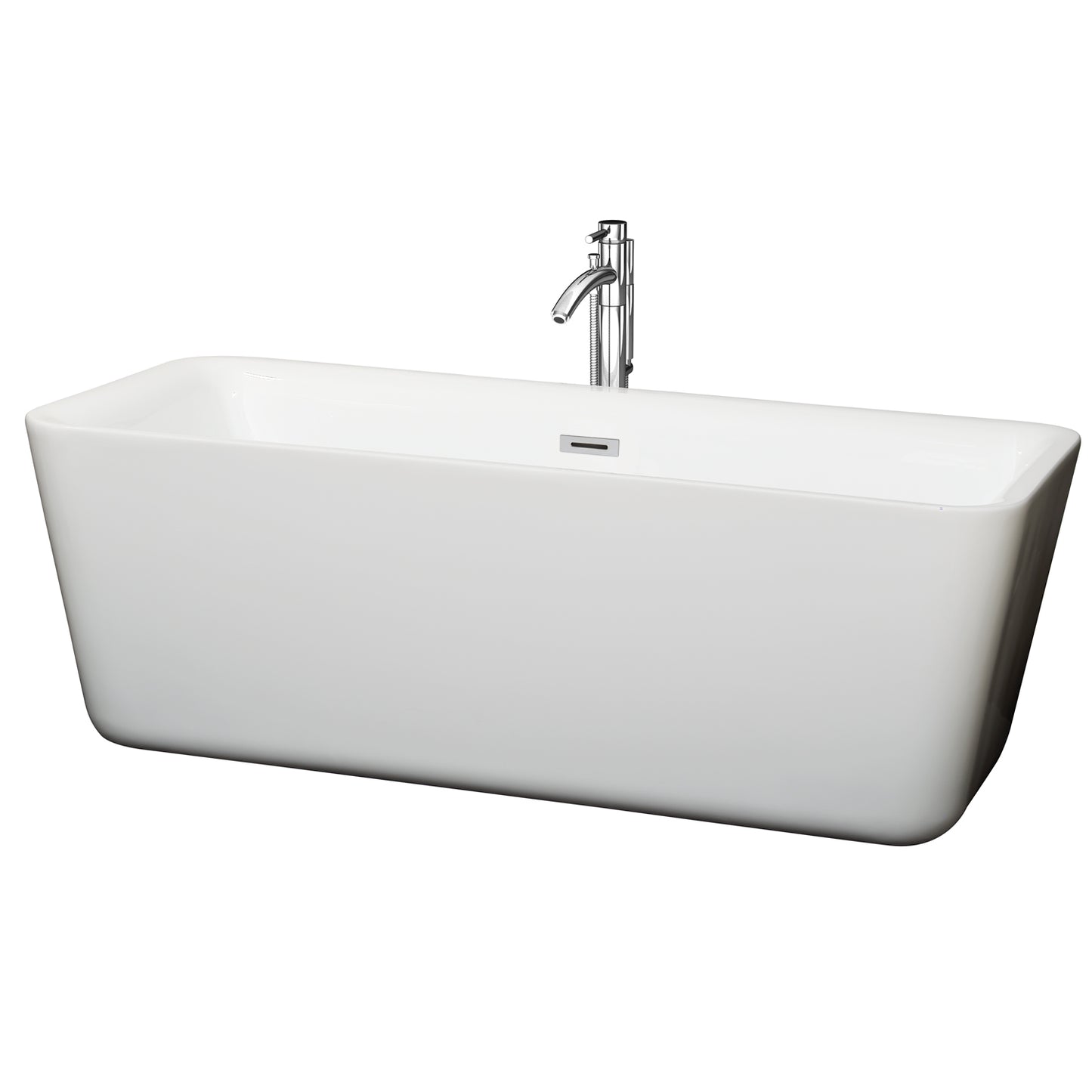 Emily 69 Inch Freestanding Bathtub in White with Floor Mounted Faucet, Drain and Overflow Trim in Polished Chrome