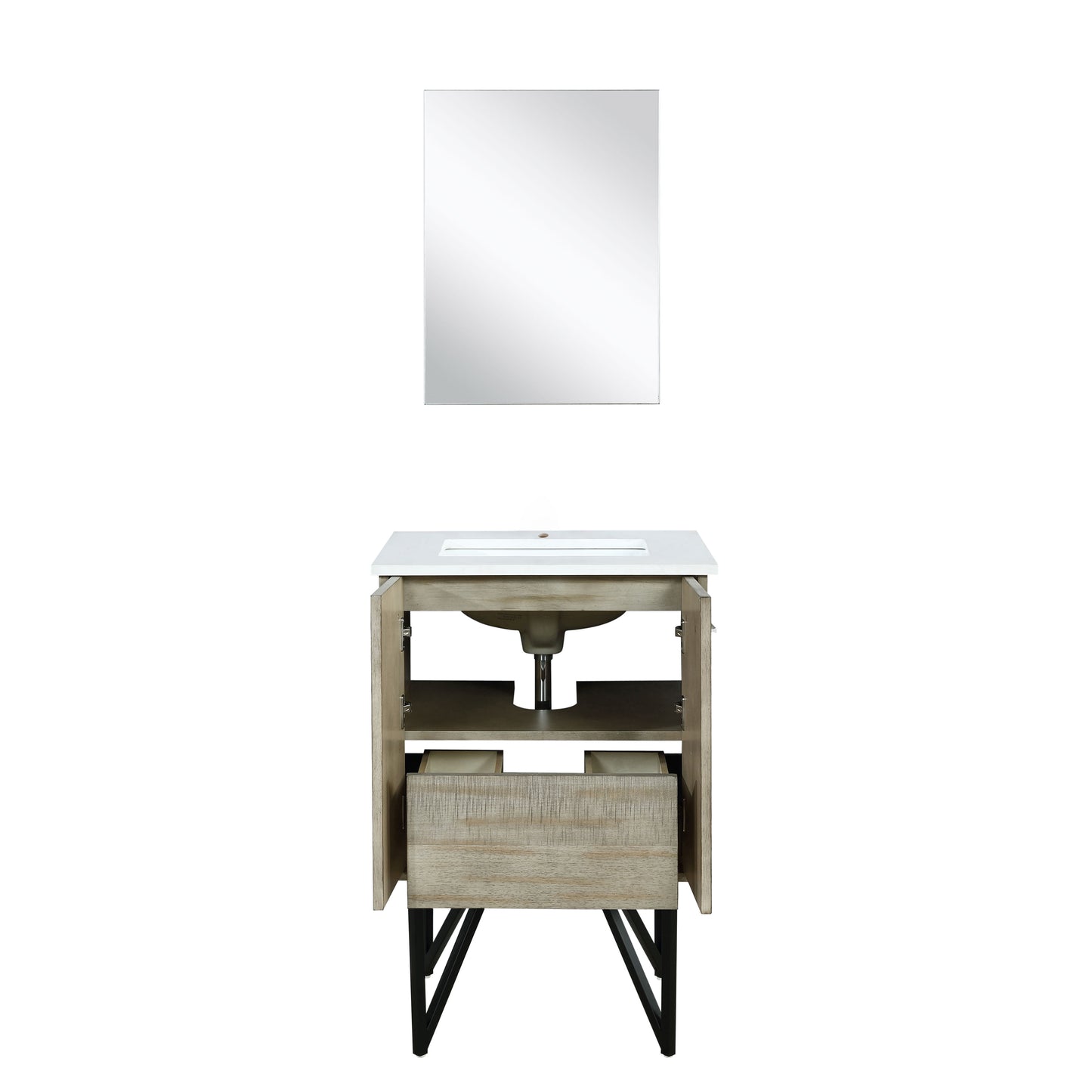 Lancy 24" Rustic Acacia Bathroom Vanity, White Quartz Top, White Square Sink, and 18" Frameless Mirror