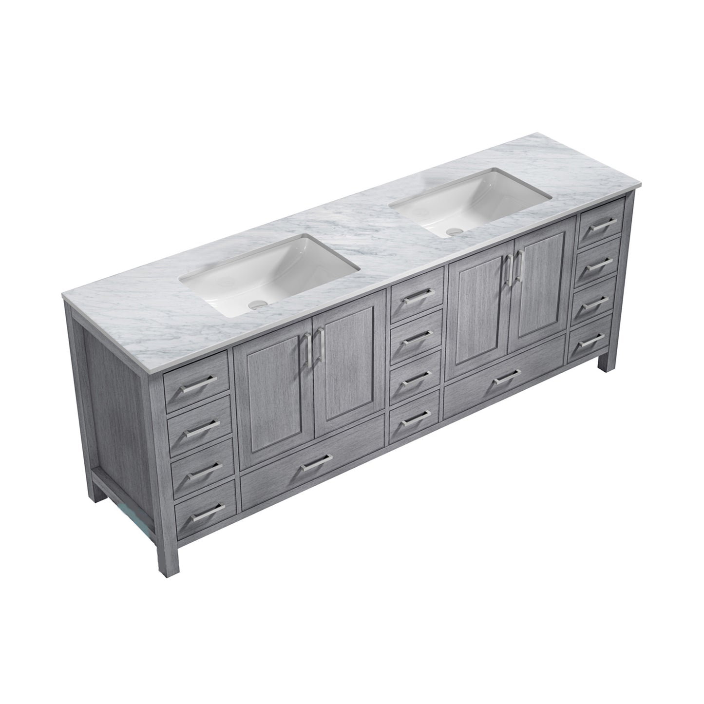Jacques 84" Distressed Grey Double Vanity, White Carrara Marble Top, White Square Sinks and no Mirror
