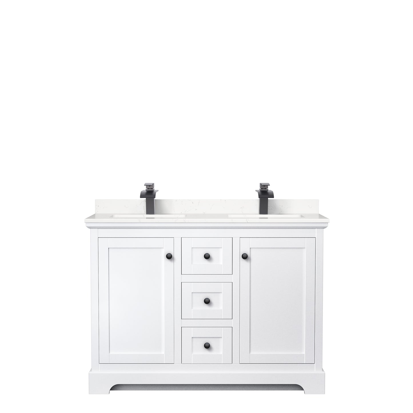 Avery 48 Inch Double Bathroom Vanity in White, Carrara Cultured Marble Countertop, Undermount Square Sinks, Matte Black Trim
