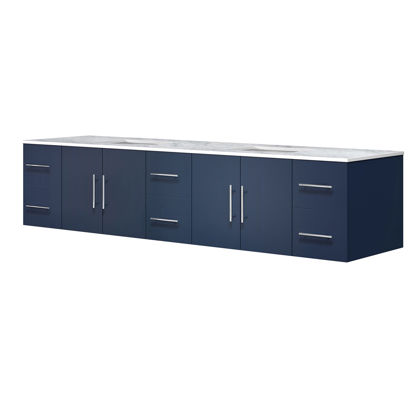 Geneva 84" Navy Blue Double Vanity, White Carrara Marble Top, White Square Sinks and no Mirror