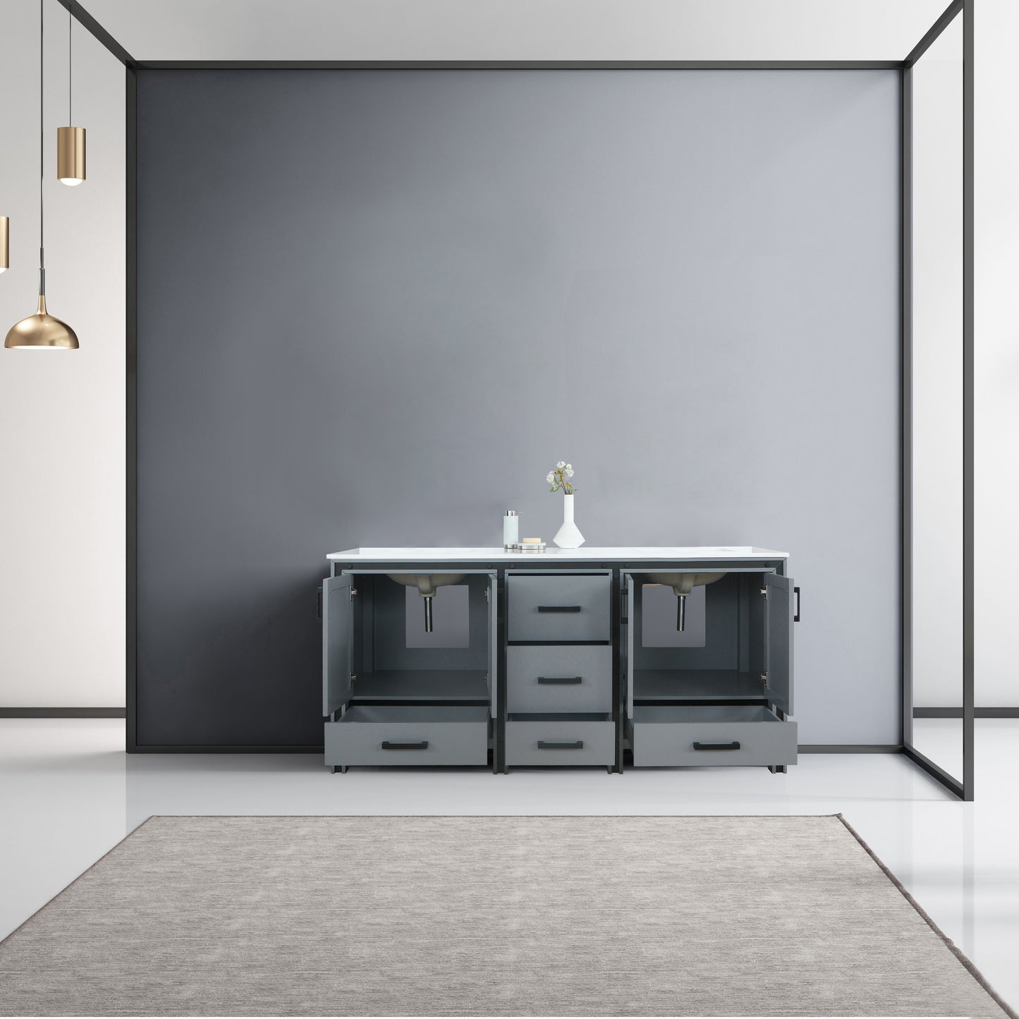 Ziva 72" Dark Grey Double Vanity, Cultured Marble Top, White Square Sink and no Mirror