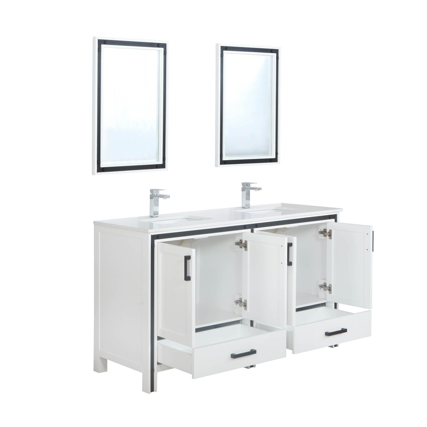 Ziva 60" White Double Vanity, Cultured Marble Top, White Square Sink and 22" Mirrors w/ Faucet