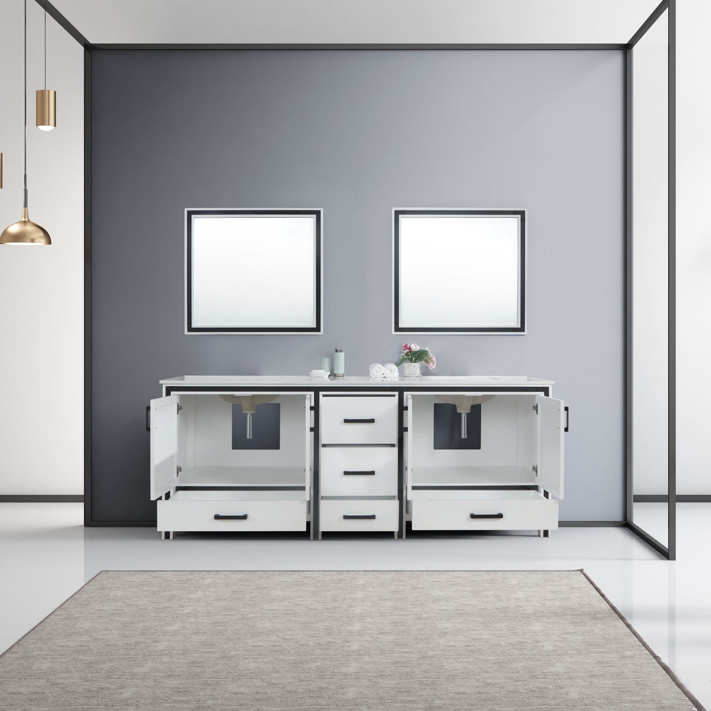 Ziva 84" White Double Vanity, Cultured Marble Top, White Square Sink and 34" Mirrors