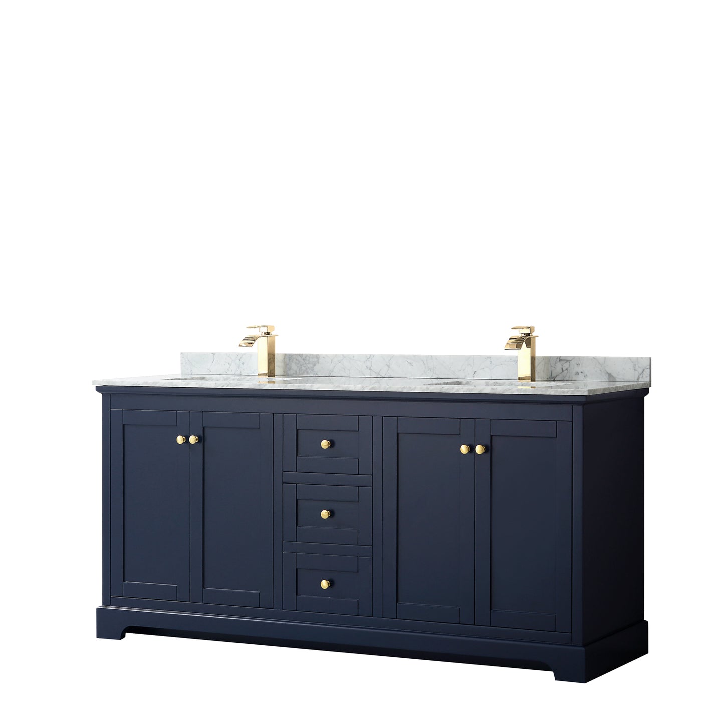 Avery 72 Inch Double Bathroom Vanity in Dark Blue, White Carrara Marble Countertop, Undermount Square Sinks, and No Mirror