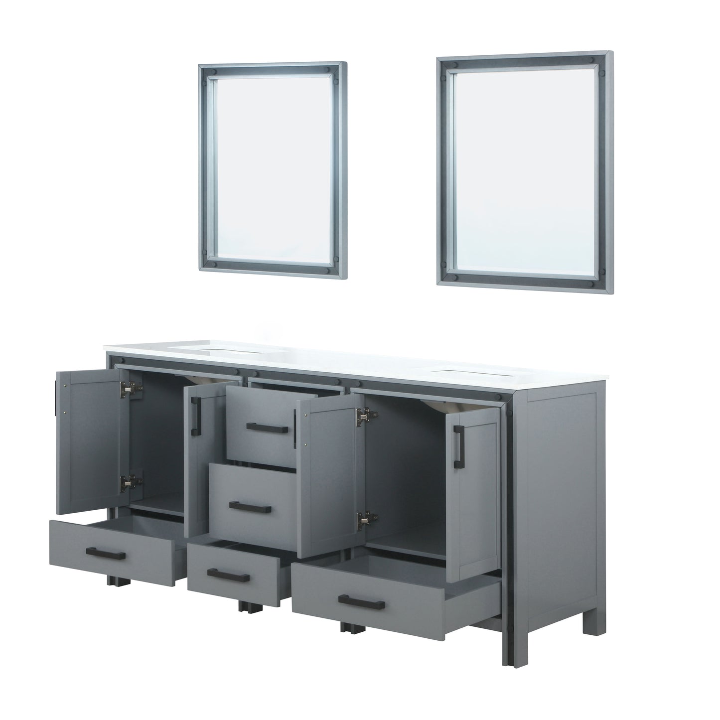 Ziva 72" Dark Grey Double Vanity, Cultured Marble Top, White Square Sink and 30" Mirrors