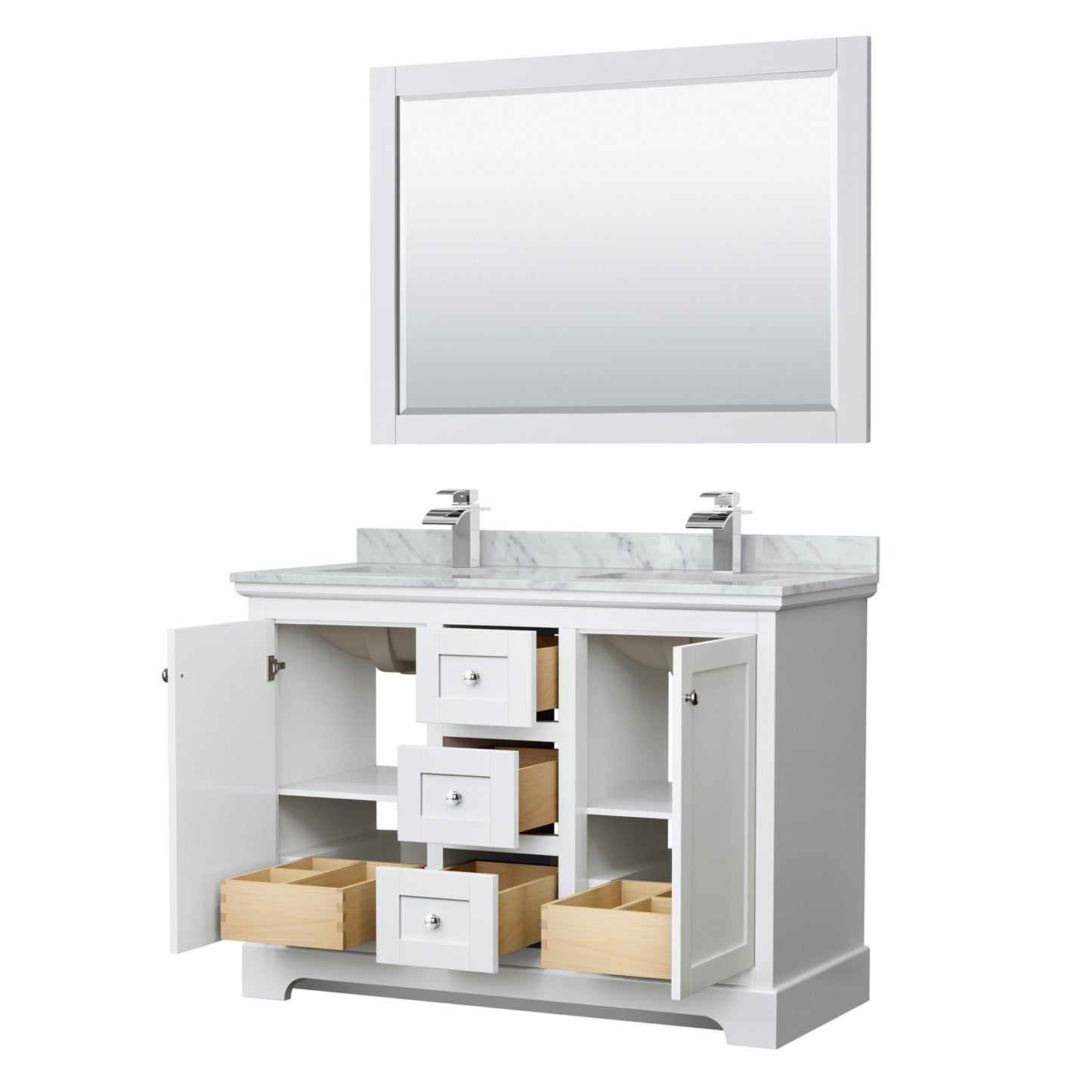 Avery 48 Inch Double Bathroom Vanity in White, White Carrara Marble Countertop, Undermount Square Sinks, 46 Inch Mirror