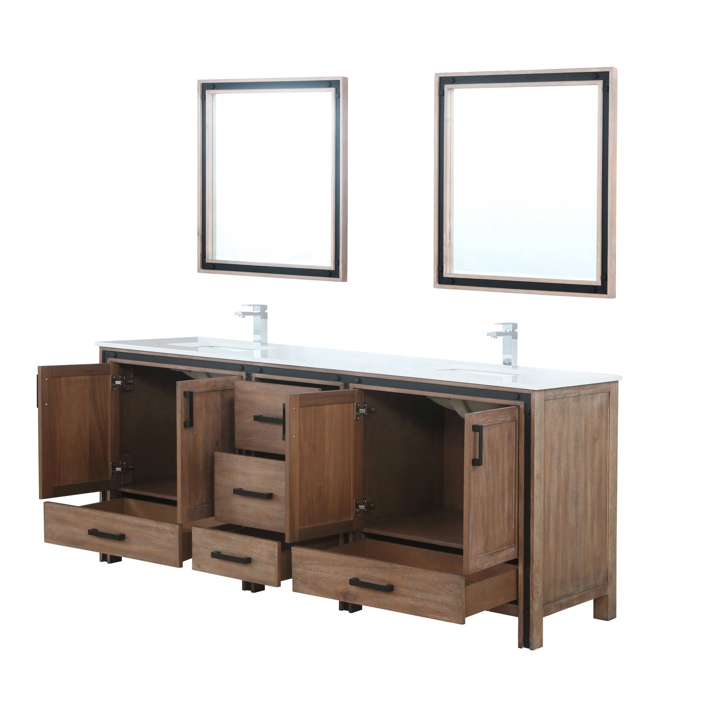 Ziva 80" Rustic Barnwood Double Vanity, Cultured Marble Top, White Square Sink and 30" Mirrors w/ Faucet