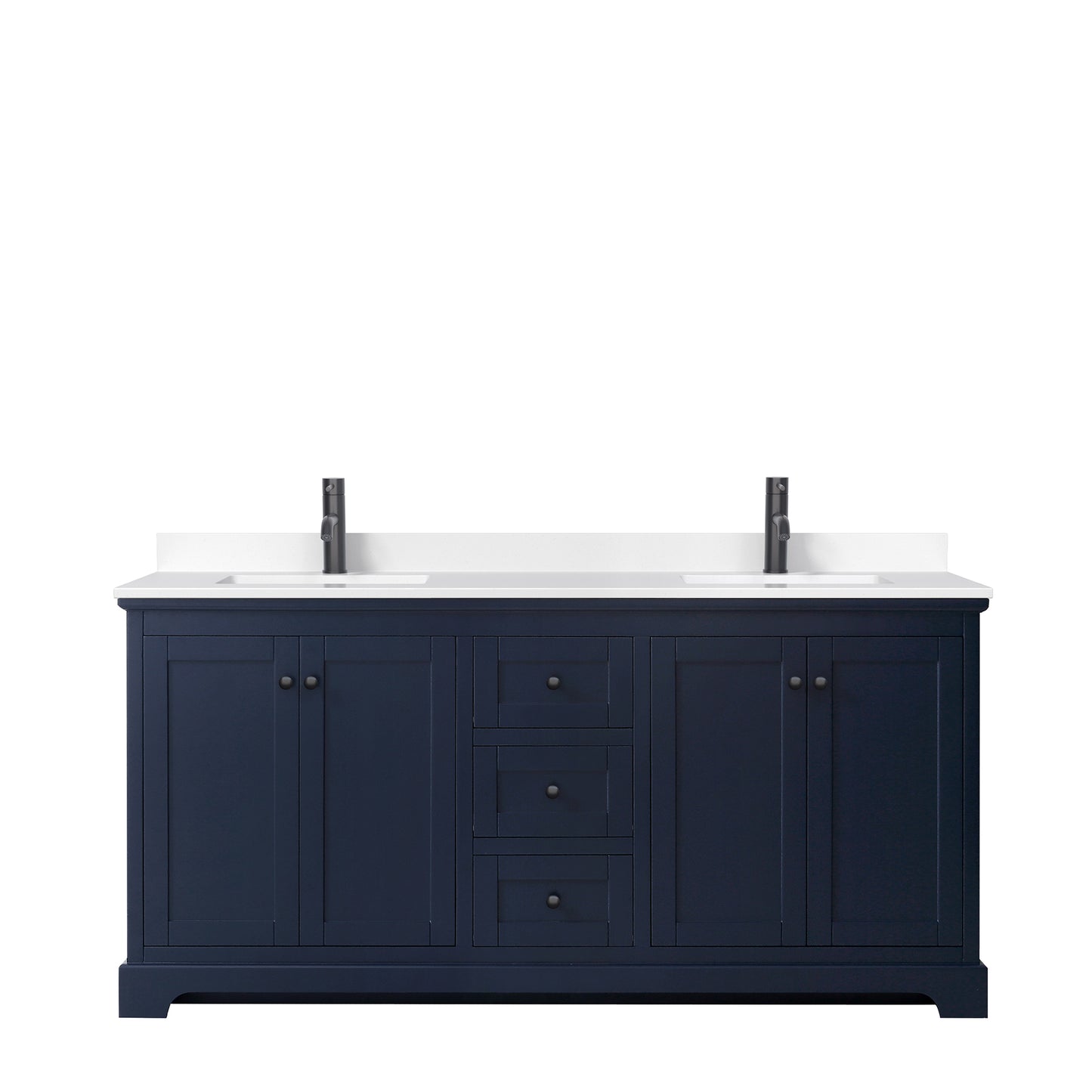 Avery 72 Inch Double Bathroom Vanity in Dark Blue, White Cultured Marble Countertop, Undermount Square Sinks, Matte Black Trim