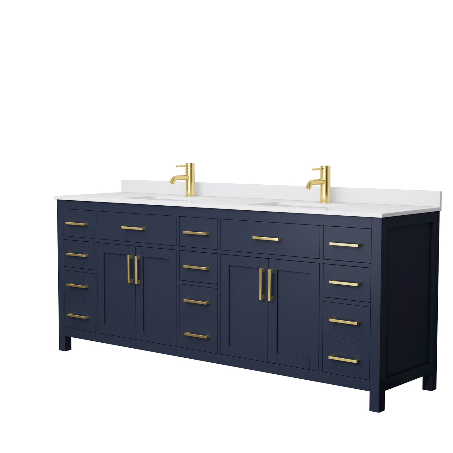 Beckett 84 Inch Double Bathroom Vanity in Dark Blue, White Cultured Marble Countertop, Undermount Square Sinks, No Mirror