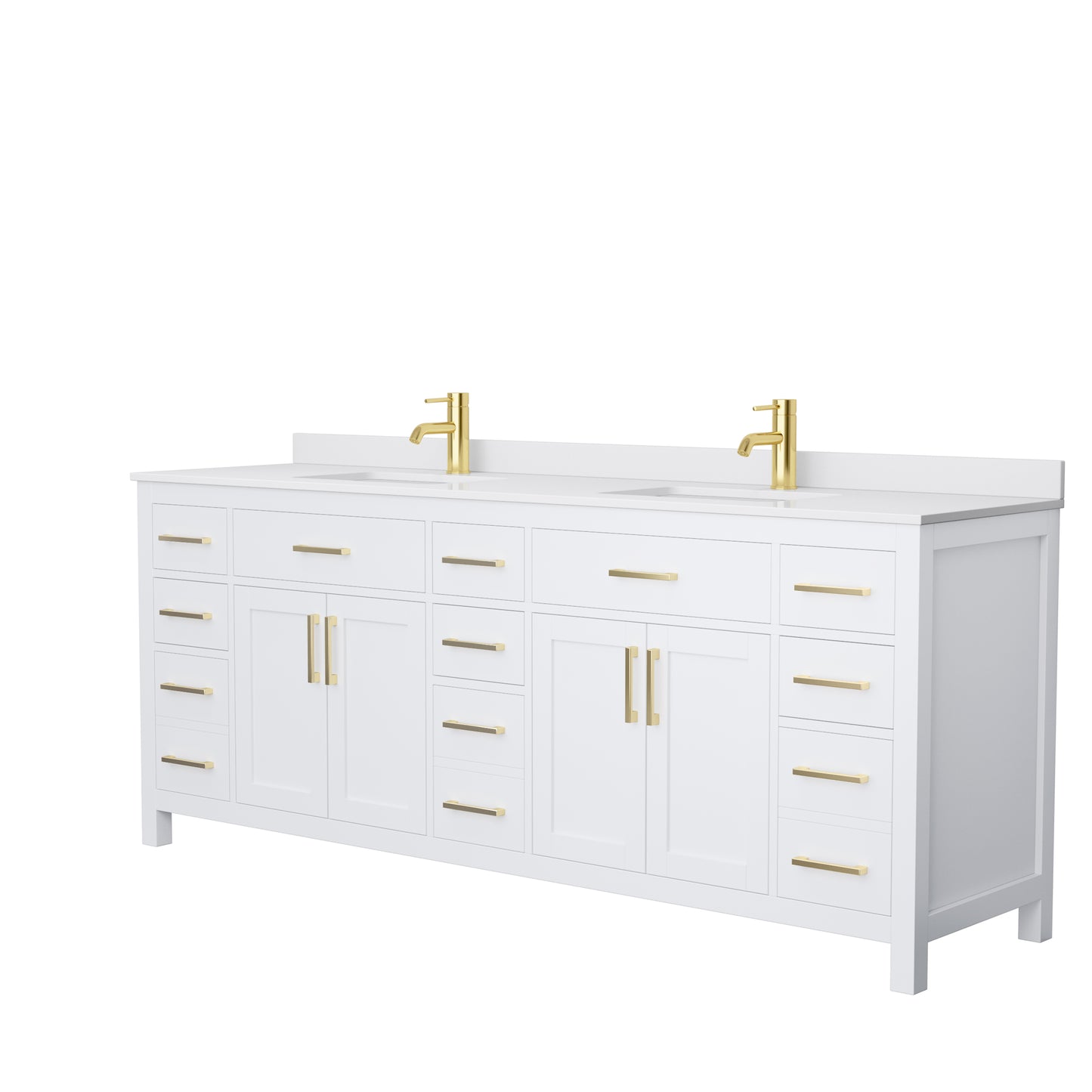 Beckett 84 Inch Double Bathroom Vanity in White, White Cultured Marble Countertop, Undermount Square Sinks, Brushed Gold Trim