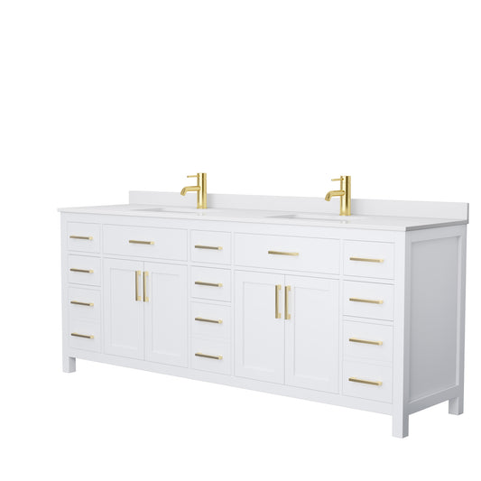 Beckett 84 Inch Double Bathroom Vanity in White, White Cultured Marble Countertop, Undermount Square Sinks, Brushed Gold Trim