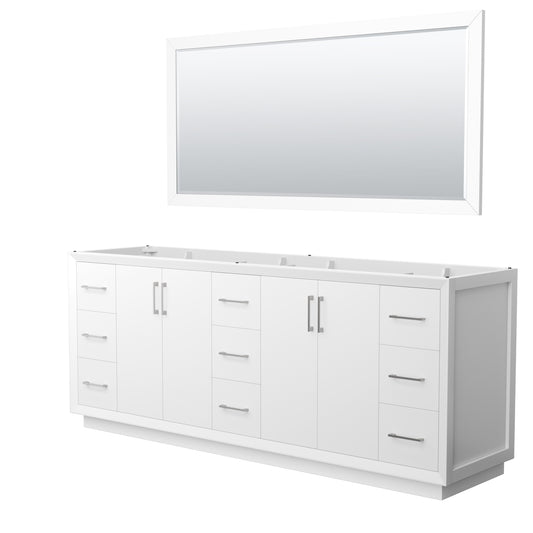 Strada 84 Inch Double Bathroom Vanity in White, No Countertop, No Sink, Brushed Nickel Trim, 70 Inch Mirror