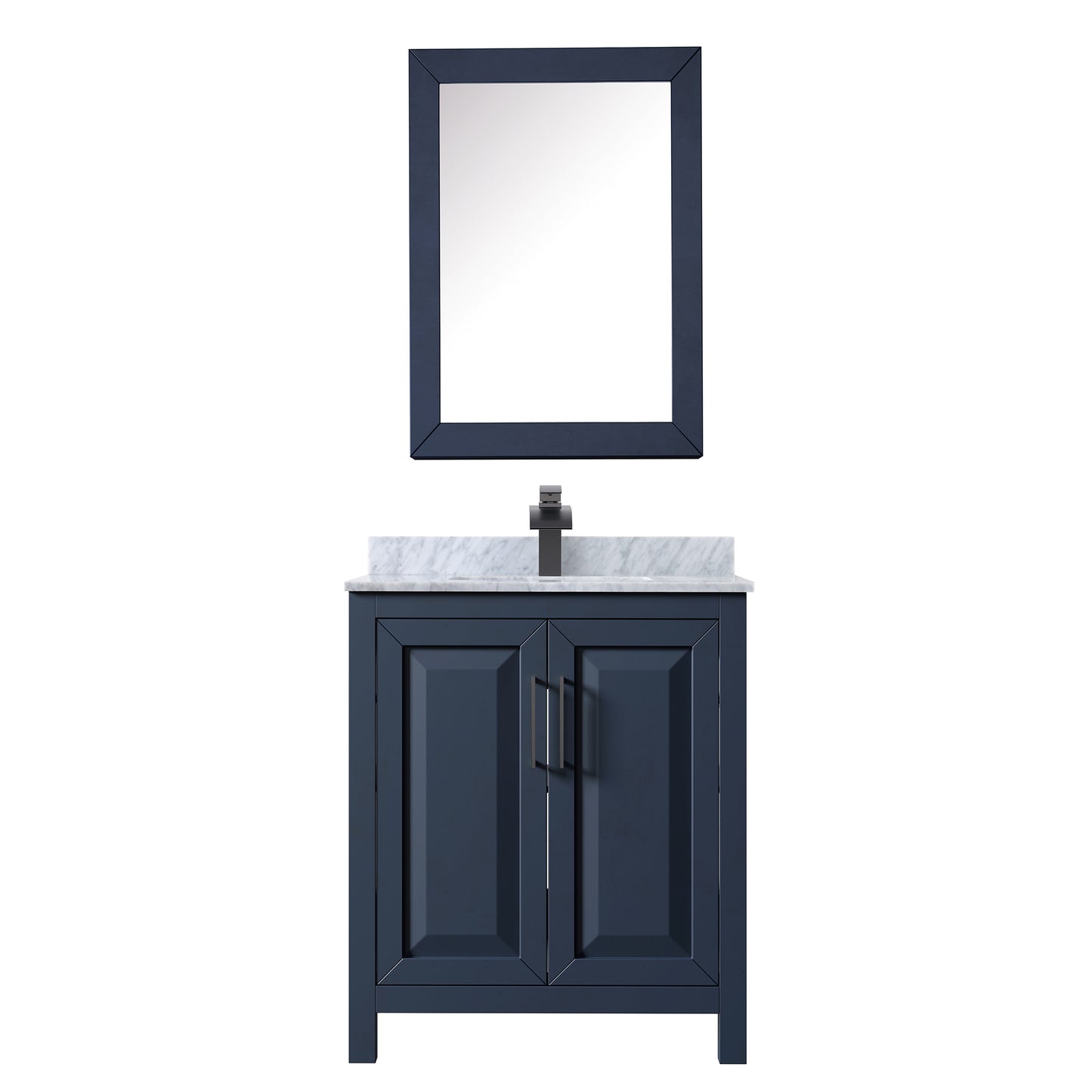 Daria 30 Inch Single Bathroom Vanity in Dark Blue, White Carrara Marble Countertop, Undermount Square Sink, Matte Black Trim, Medicine Cabinet