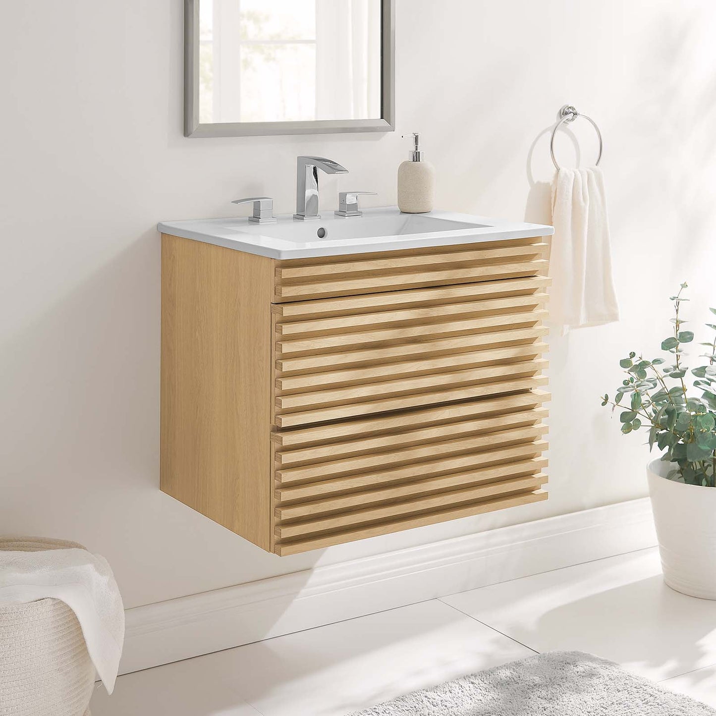 Modway Render 24" Wall-Mount Bathroom Vanity in Oak White