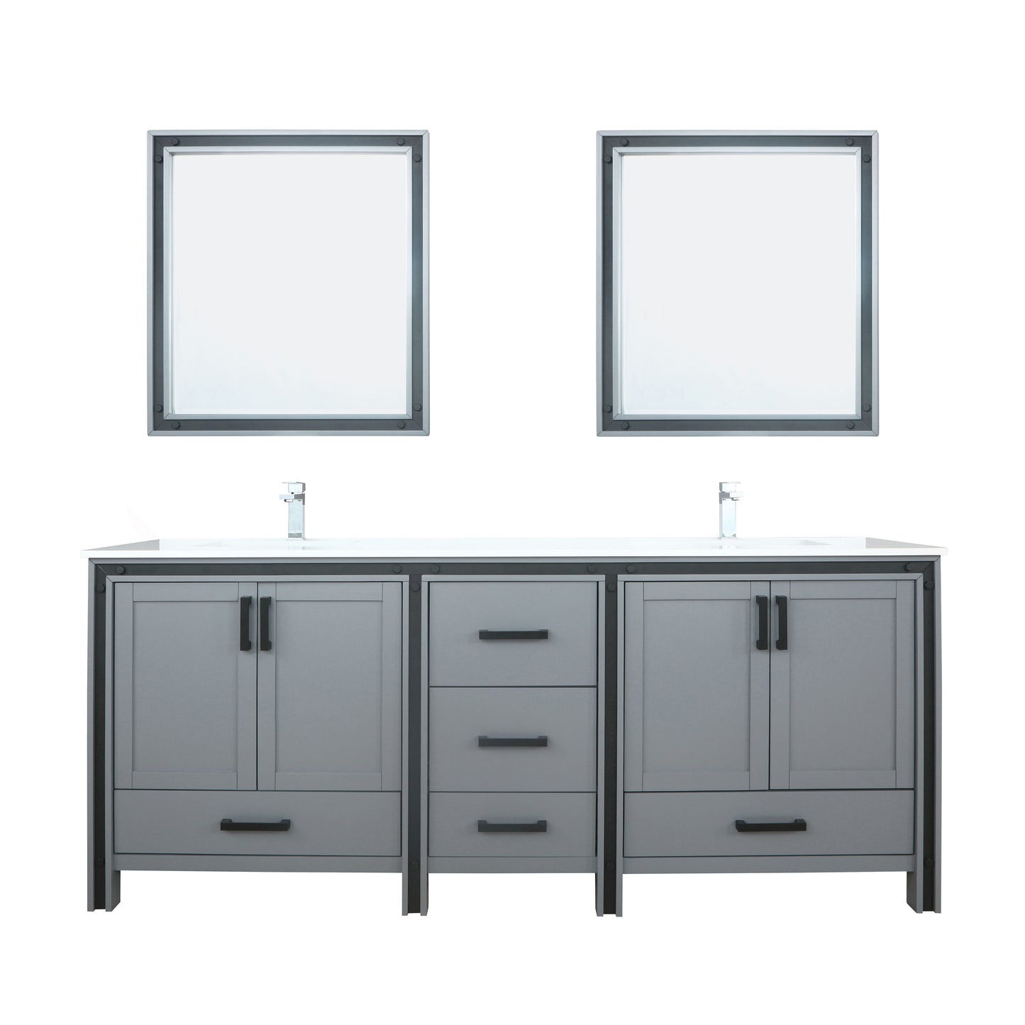 Ziva 80" Dark Grey Double Vanity, Cultured Marble Top, White Square Sink and 30" Mirrors w/ Faucet