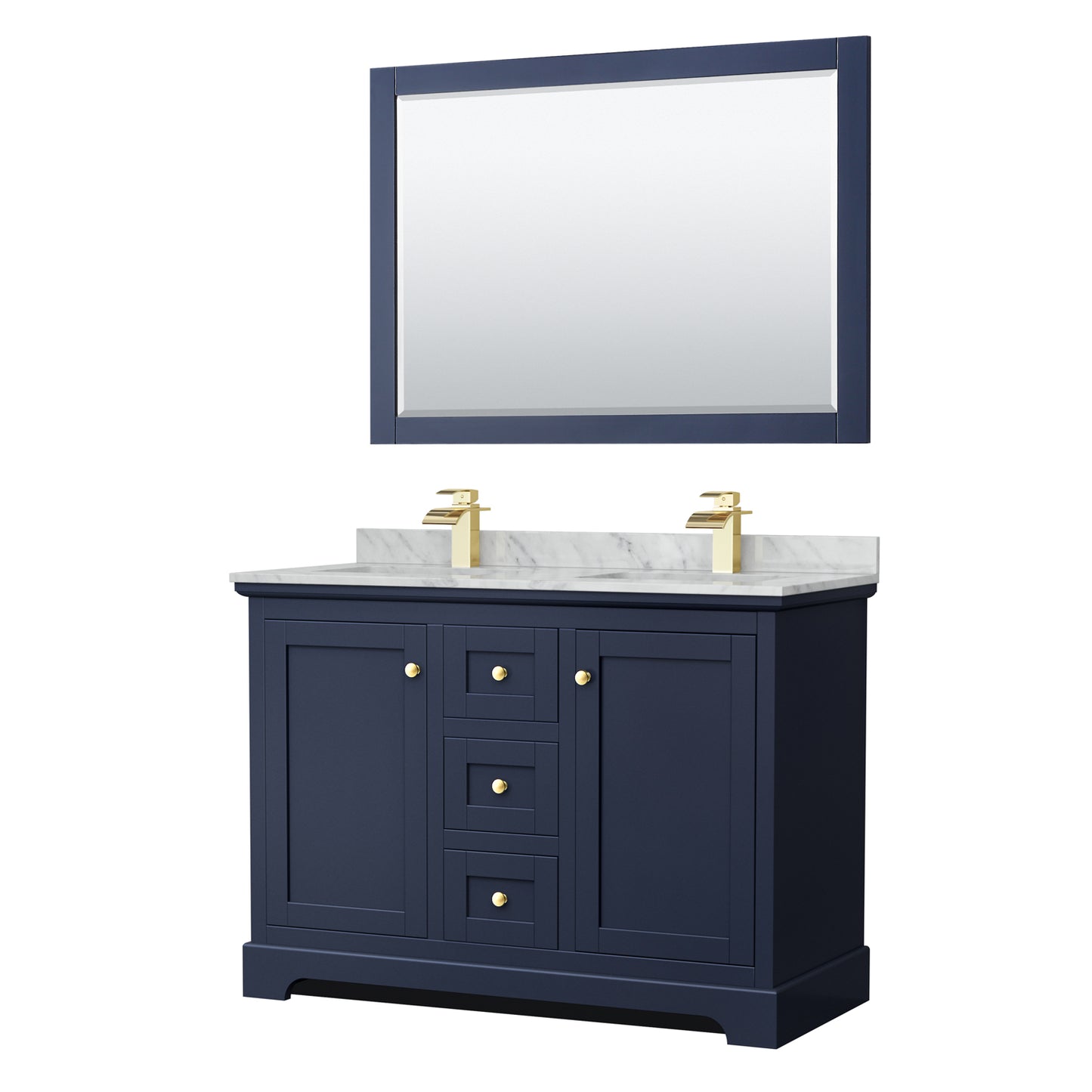 Avery 48 Inch Double Bathroom Vanity in Dark Blue, White Carrara Marble Countertop, Undermount Square Sinks, 46 Inch Mirror