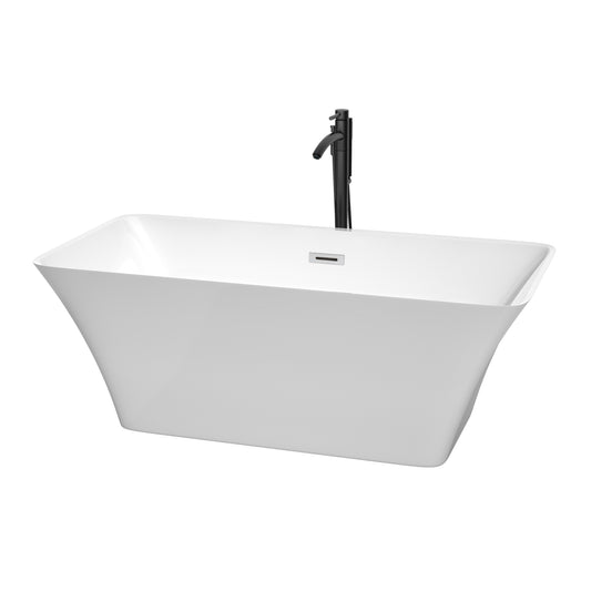 Tiffany 59 Inch Freestanding Bathtub in White with Polished Chrome Trim and Floor Mounted Faucet in Matte Black