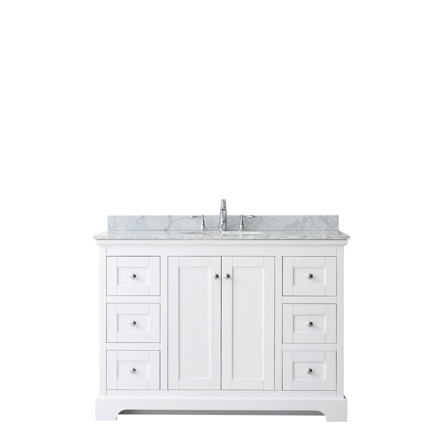 Avery 48 Inch Single Bathroom Vanity in White, White Carrara Marble Countertop, Undermount Oval Sink, and No Mirror