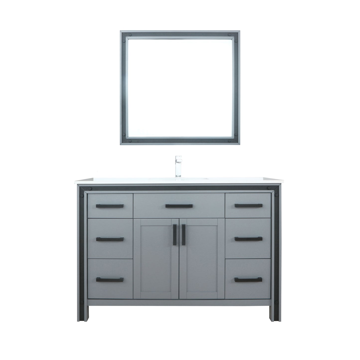 Ziva 48" Dark Grey Single Vanity, Cultured Marble Top, White Square Sink and 34" Mirror w/ Faucet