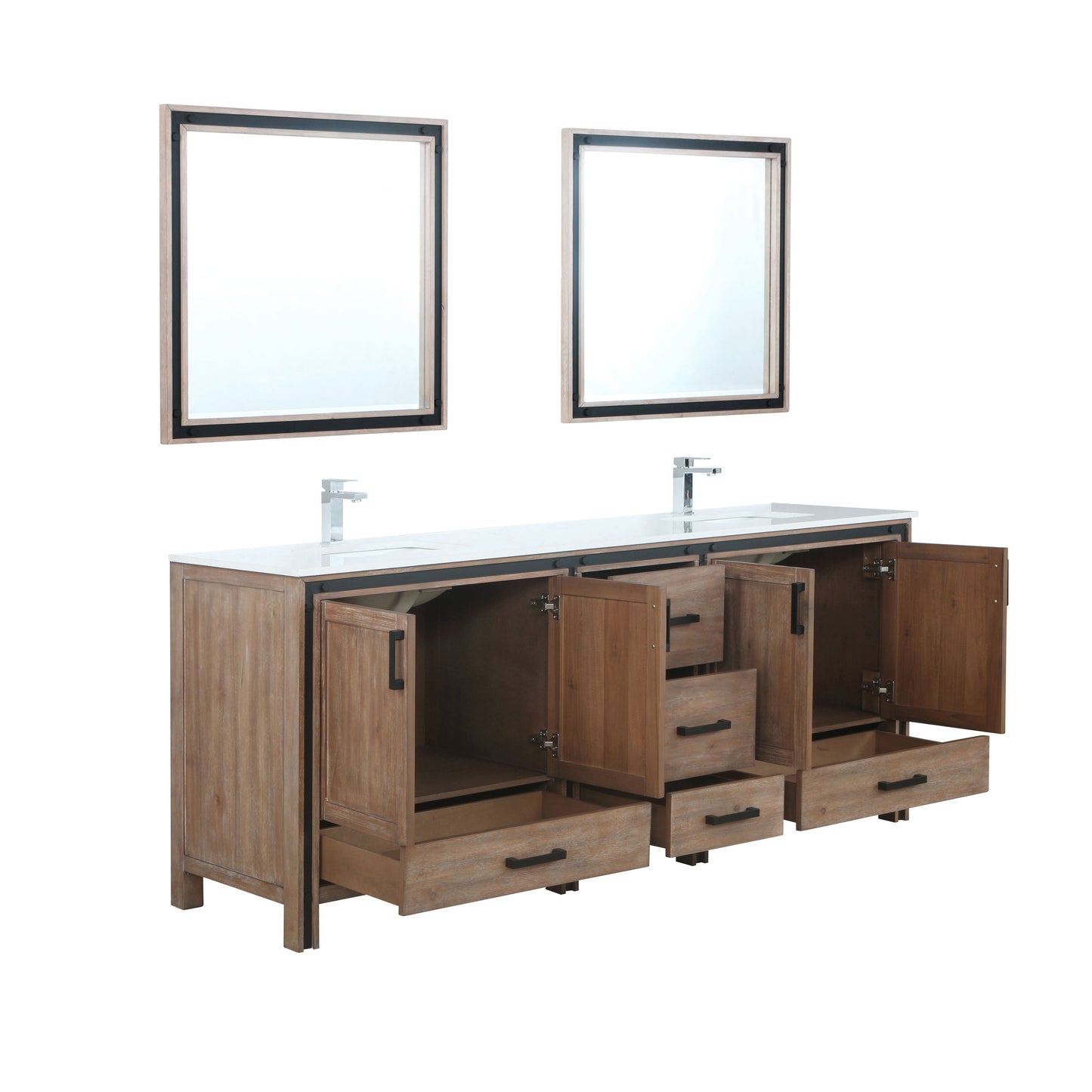 Ziva 84" Rustic Barnwood Double Vanity, Cultured Marble Top, White Square Sink and 34" Mirrors w/ Faucet