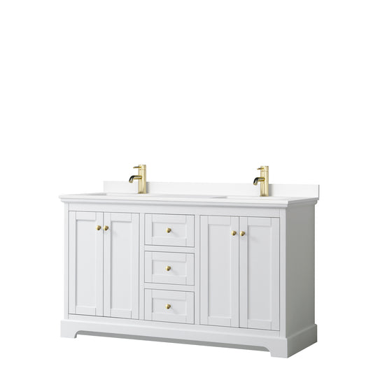 Avery 60 Inch Double Bathroom Vanity in White, White Cultured Marble Countertop, Undermount Square Sinks, Brushed Gold Trim