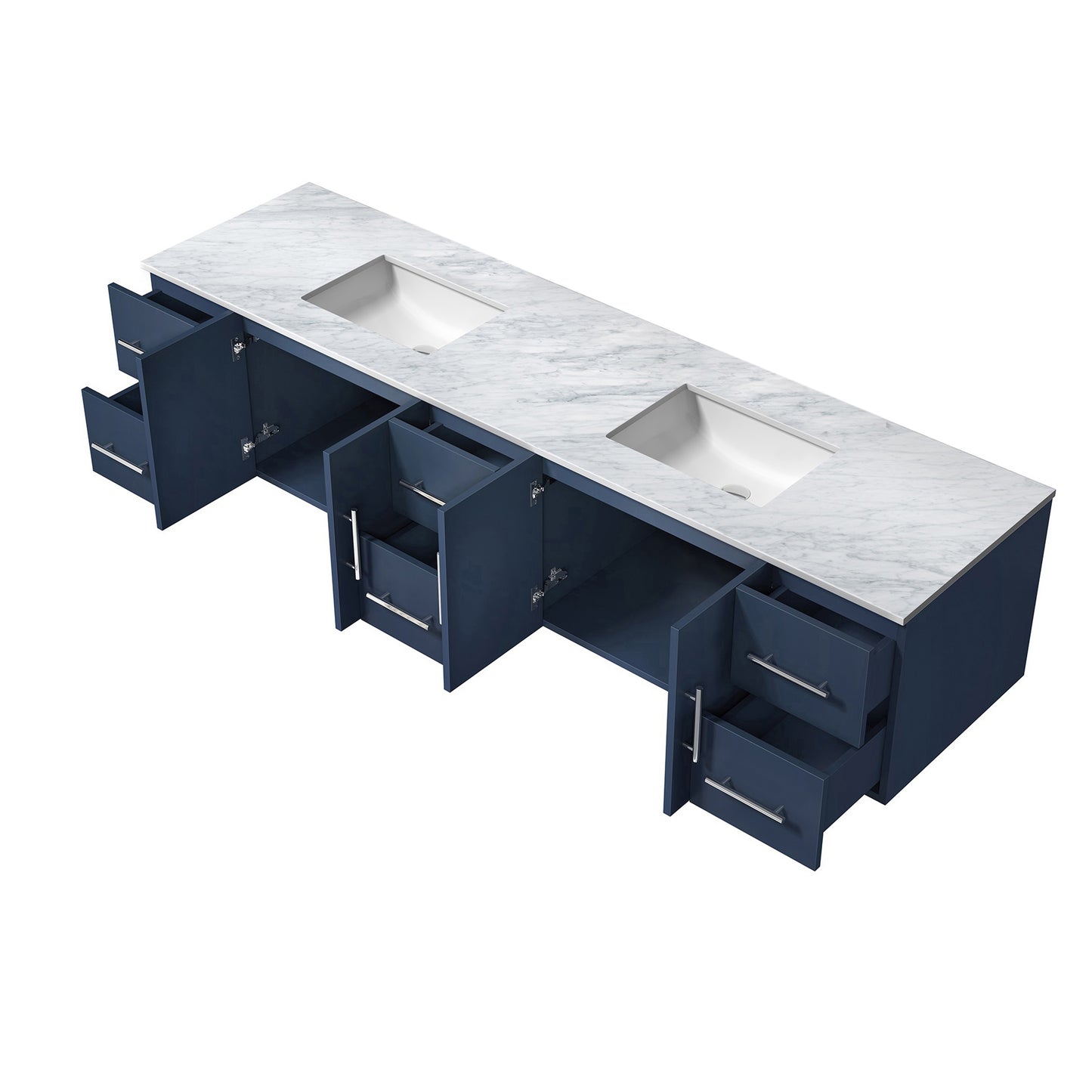 Geneva 84" Navy Blue Double Vanity, White Carrara Marble Top, White Square Sinks and no Mirror