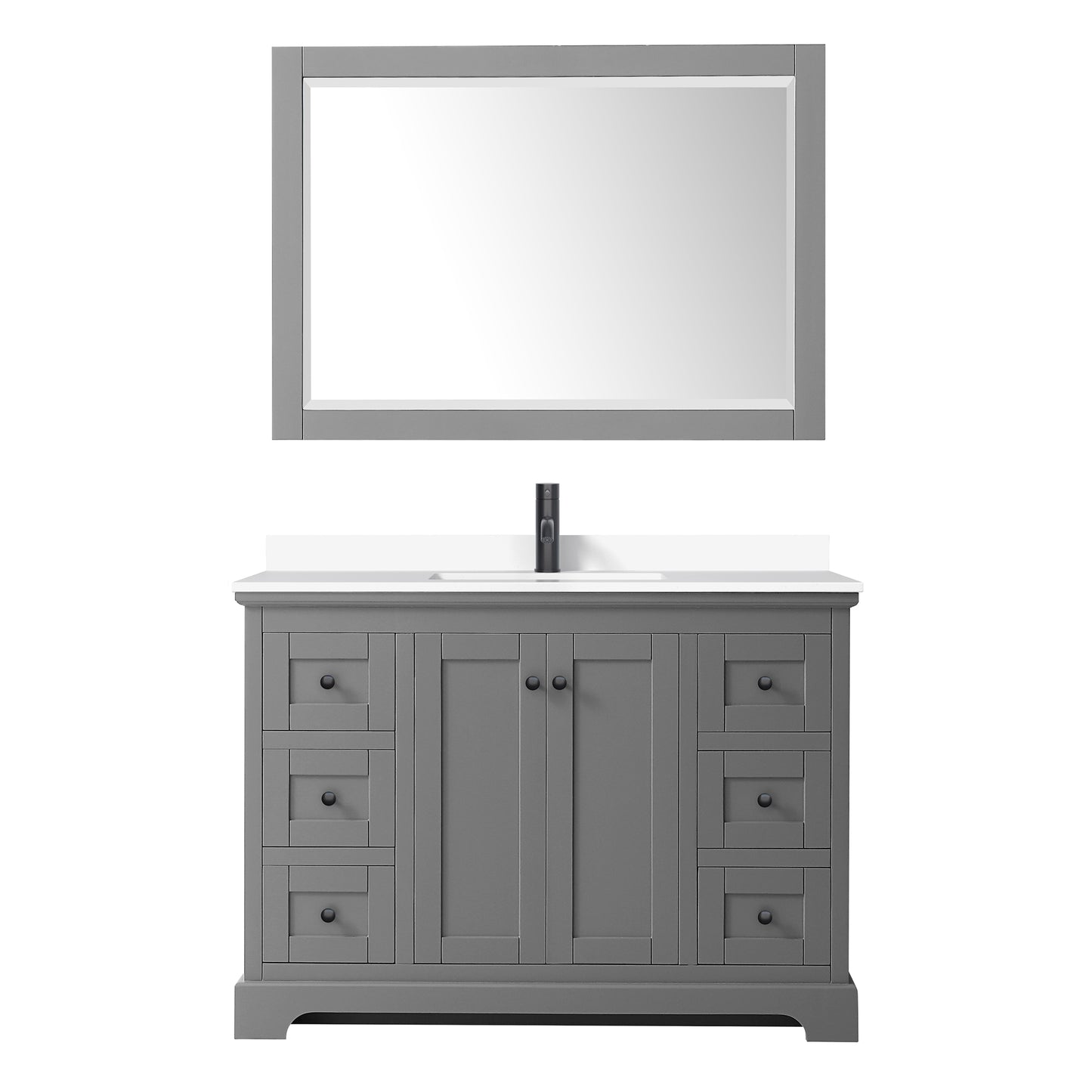 Avery 48 Inch Single Bathroom Vanity in Dark Gray, White Cultured Marble Countertop, Undermount Square Sink, Matte Black Trim, 46 Inch Mirror
