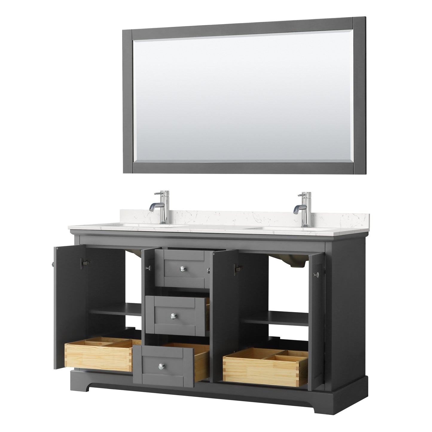 Avery 60 Inch Double Bathroom Vanity in Dark Gray, Carrara Cultured Marble Countertop, Undermount Square Sinks, 58 Inch Mirror