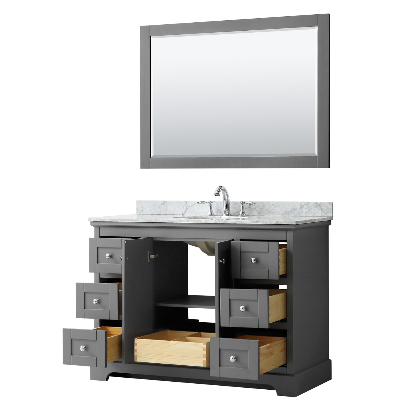 Avery 48 Inch Single Bathroom Vanity in Dark Gray, White Carrara Marble Countertop, Undermount Oval Sink, and 46 Inch Mirror