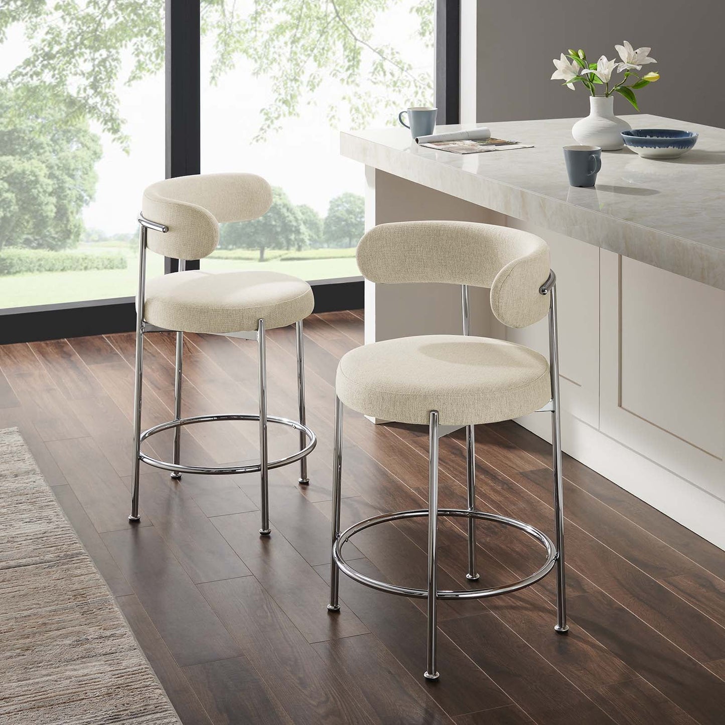 Modway Albie Fabric Counter Stools - Set of 2 in Beige Silver