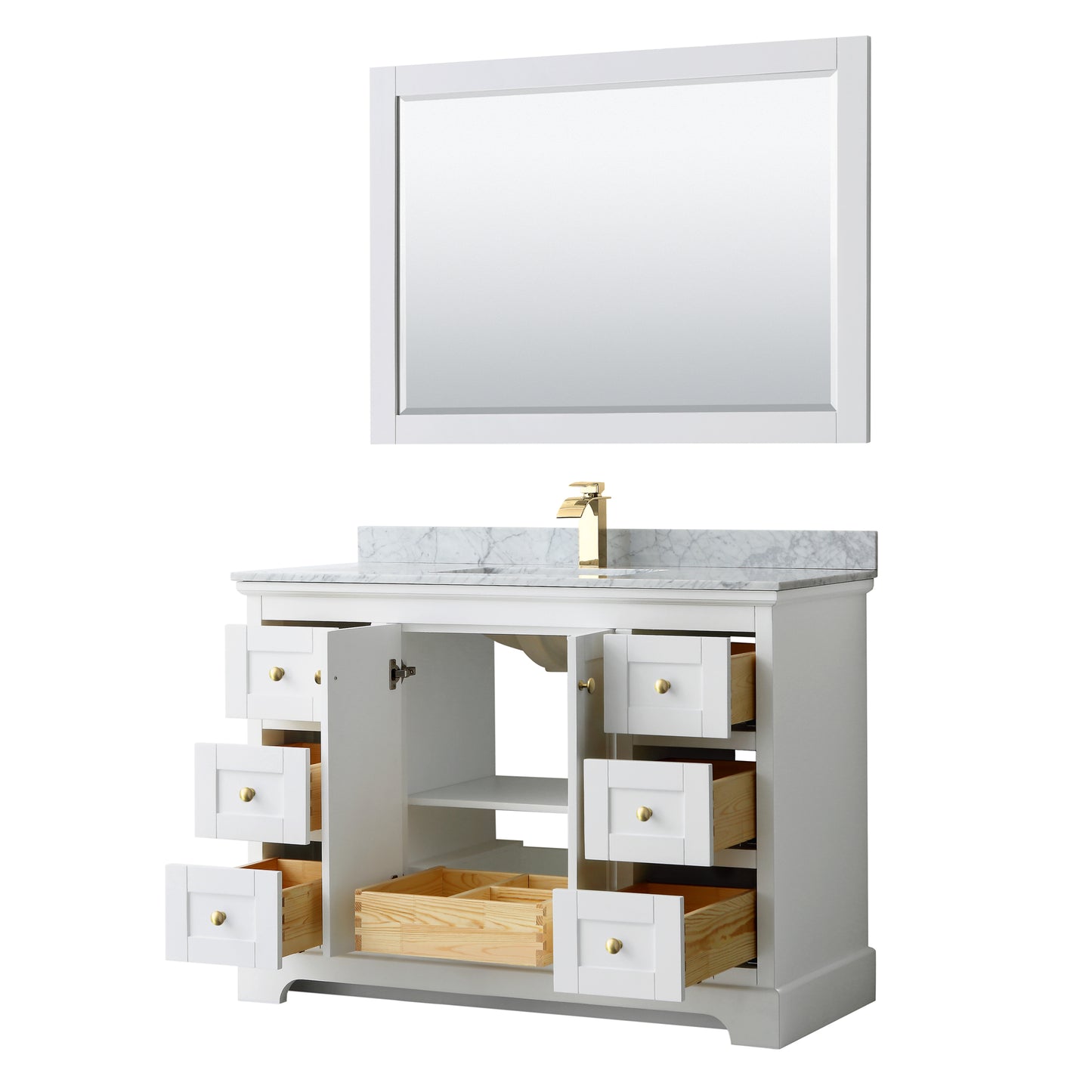 Avery 48 Inch Single Bathroom Vanity in White, White Carrara Marble Countertop, Undermount Square Sink, 46 Inch Mirror, Brushed Gold Trim