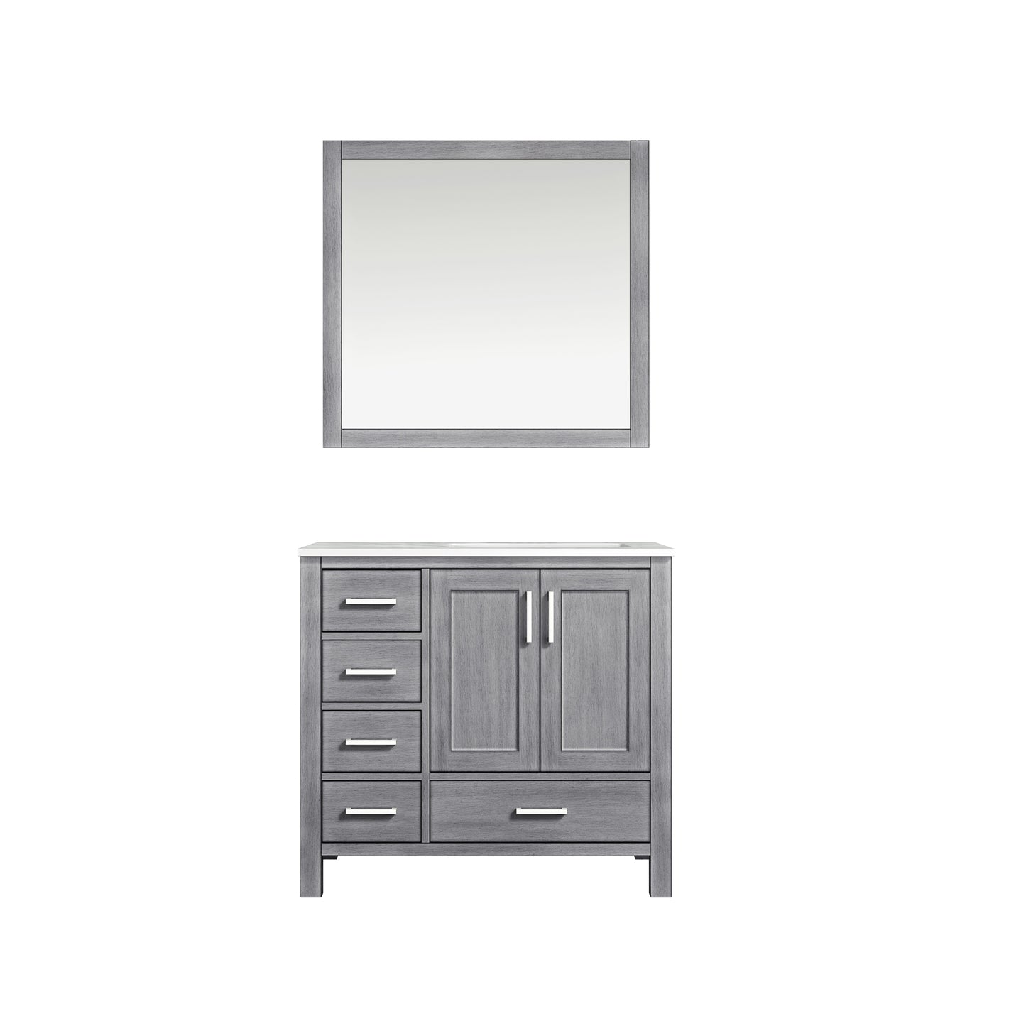 Jacques 36" Distressed Grey Single Vanity, White Carrara Marble Top, White Square Sink and 34" Mirror - Right Version