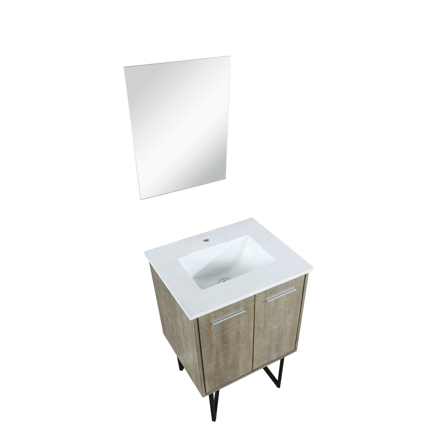 Lancy 24" Rustic Acacia Bathroom Vanity, White Quartz Top, White Square Sink, and 18" Frameless Mirror