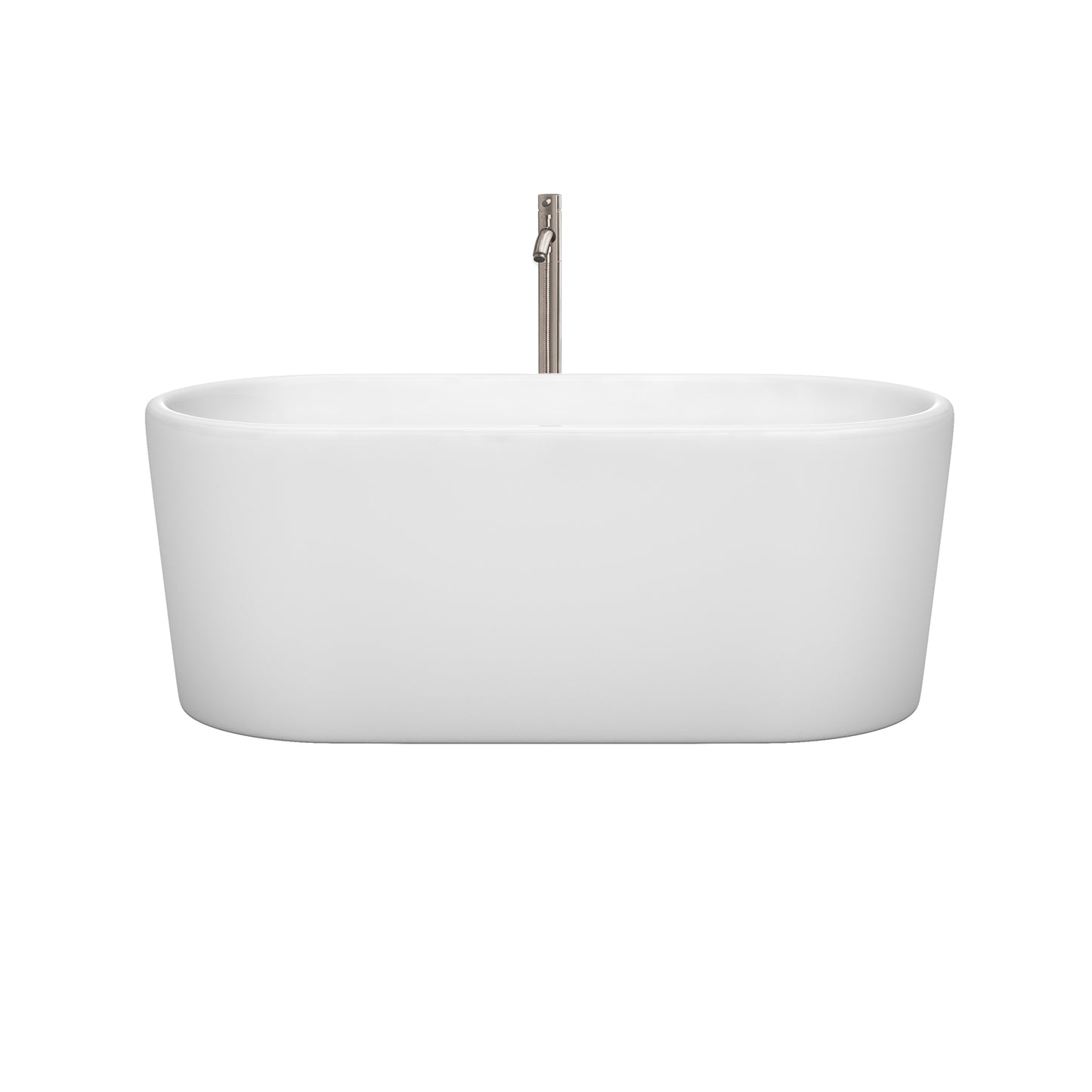 Ursula 59 Inch Freestanding Bathtub in White with Floor Mounted Faucet, Drain and Overflow Trim in Brushed Nickel